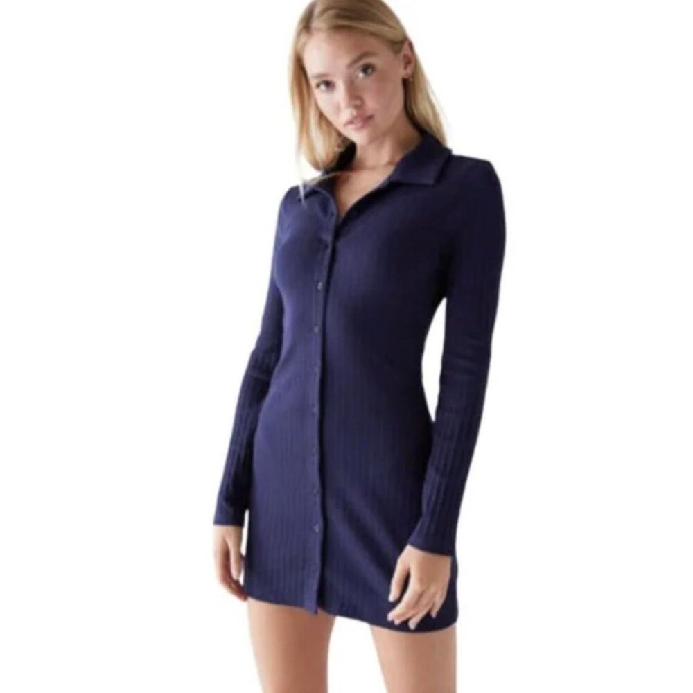 Navy blue long sleeve button down dress